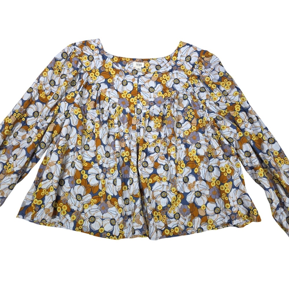 ana 2XL Floral Long‎ Sleeve Blouse Scoop Neck Boho Peasant Blue Yellow